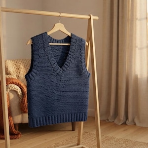 May include: A dark blue sleeveless sweater vest featuring a deep V-neckline and a ribbed knit texture. The garment is crafted with a visible crochet stitch pattern, including a ribbed hem and armhole trim, hanging on a wooden hanger on a rack.