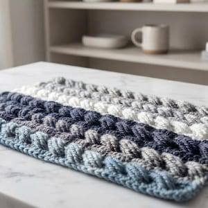 May include: A rectangular crochet mat featuring a textured cable stitch pattern in a gradient of colors. The design transitions from light blue to medium blue, dark blue, grey, and white, creating a striped effect across the surface.