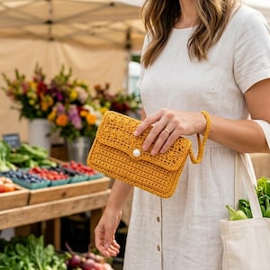 May include: A mustard yellow rectangular crochet clutch bag with a wrist strap and a single white pearl-like button closure. The bag features a textured, woven stitch pattern and is held in a hand alongside a plain off-white canvas tote bag.