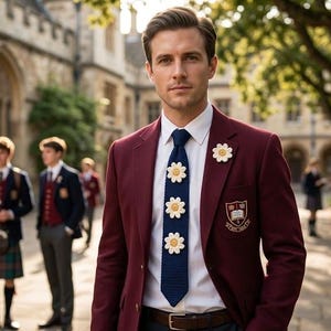 Könnte beinhalten: Ein bordeauxroter Blazer mit weißem Hemd und einer marineblauen Krawatte, die mit drei weißen Gänseblümchen-Applikationen verziert ist. Der Blazer hat eine Gänseblümchen-Anstecknadel und ein Wappen auf der Brusttasche. Kleidung in akademischer Umgebung.