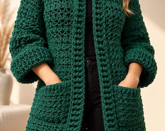 Crochet Cardigan Pattern, Long Pocket Sweater PDF, Chunky Crochet Cardigan, Fall Crochet Pattern, Cozy Layering Sweater