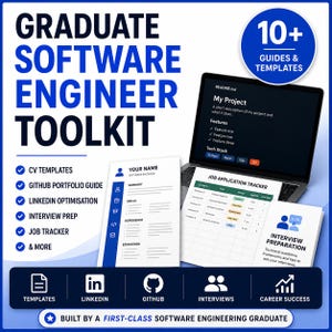 Può includere: Un toolkit per neolaureati in ingegneria del software con un portatile che mostra un file README, un modello di CV e un tracker per le candidature. La grafica include testo con oltre 10 guide, modelli, risorse LinkedIn e preparazione ai colloqui.