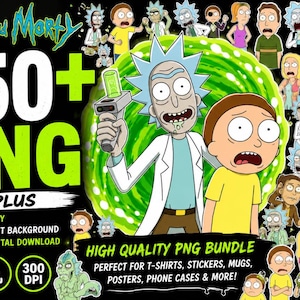 May include: A digital bundle of over 150 Rick and Morty PNG files featuring various characters and scenes from the animated series. The collection includes high-quality transparent images with a green portal background and text labels.