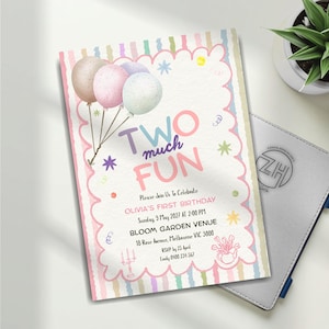 Invitación de cumpleaños "Dos cosas divertidas" / Plantilla editable para niñas en tonos pastel / Descarga digital / BI-UC013