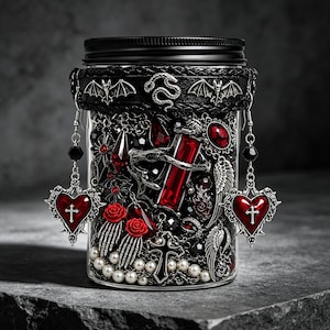May include: A clear glass jar with a black lid, wrapped in a black leather-like band featuring silver bat and snake emblems. The jar is filled with red crystal pendants, white pearls, skeleton hand charms, and black cross charms, with heart-shaped earrings hanging from the sides.