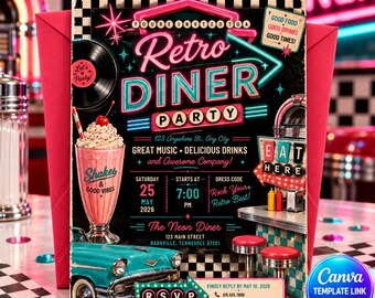 Invitación de cumpleaños estilo restaurante retro, invitación para fiesta estilo años 50, plantilla imprimible y editable de Canva con temática rock and roll.