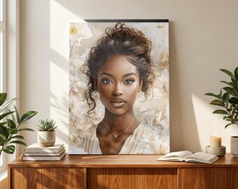 Elfenbein Blüte schwarze Frau Portrait Set | Soft Floral Afrocentric Wandkunst (Digitaler Download)