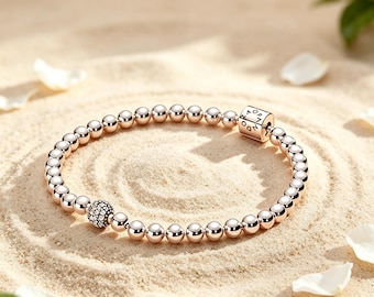 Pandora style Rose Gold Beaded Bracelet, Sparkling Pave Charm Bracelet, Minimalist Stackable Jewelry, Elegant Bracelet Gift for Her