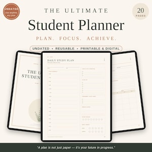 Peut inclure: Un planificateur étudiant non daté de 20 pages présentant une mise en page de plan d'étude quotidien avec des sections pour l'emploi du temps, les priorités, les tâches, les notes et des suivis d'eau et d'humeur. Le texte indique The Ultimate Student Planner.