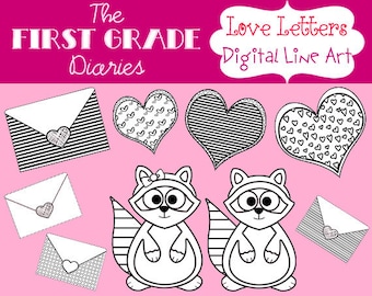 Love Letters Valentines Day Digital Line Art Hearts Raccoons --Buy 2, Get 1 FREE