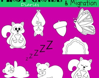 Hibernation & Migration Digital Line Art Set Bears Bats Squirrels Monarch Butterfly Cave -- BUY 2 Get 1 FREE