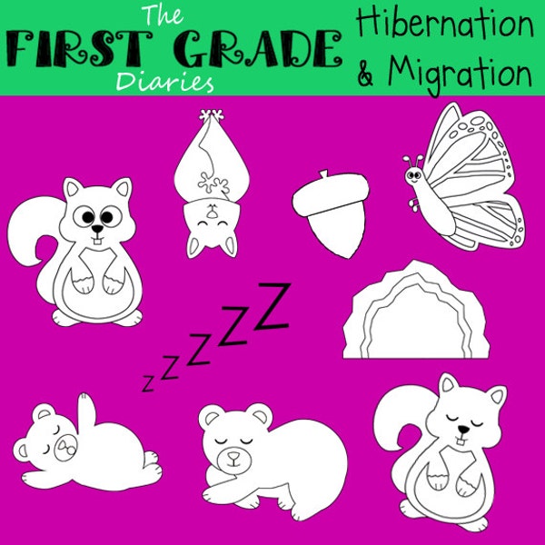 Hibernation & Migration Digital Line Art Set Bears Bats Squirrels Monarch Butterfly Cave -- BUY 2 Get 1 FREE