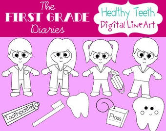 Healthy Teeth Digital Line Art Toothpaste Toothbrush Floss Dentist -- Buy 2 GET 1 FREE