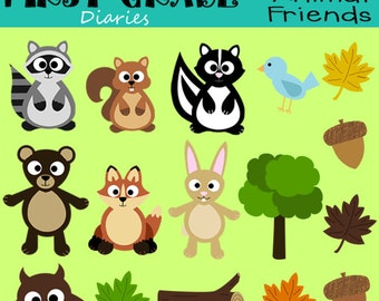 Forest Animal Friends Digital Clip Art Woodland Squirrel Bear Rabbit Fox Raccoon Skunk Owl -- Buy 2 GET 1 FREE
