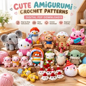 Puede incluir: Una colección de figuras amigurumi de ganchillo coloridas que incluye un elefante, un gato, un tigre con un arcoíris, un unicornio y cerditos. La imagen contiene el texto CUTE AMIGURUMI CROCHET PATTERNS DIGITAL PDF DOWNLOAD.