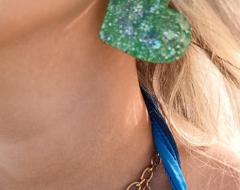 Green Glitter Heart Earrings and Gold Hoops, Handmade by MJewels, Holographic Heart Jewelry, Trendy Instagram Gift for Women