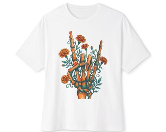 Skeleton Rock On Graphic Tee: Marigold Floral Bone Hand