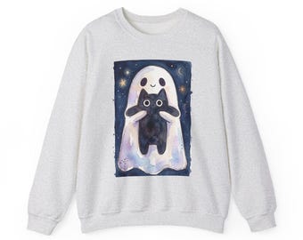 Sudadera de cuello redondo con diseño de fantasma sosteniendo un gato negro, suéter de Halloween con acuarela.