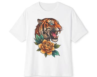 Tiger Peony Graphic Tee: Old School Tattoo Flash Art