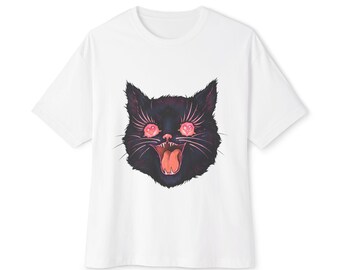 Heart Eyes Black Cat Graphic Tee: Funny Unhinged Cat Lover Shirt