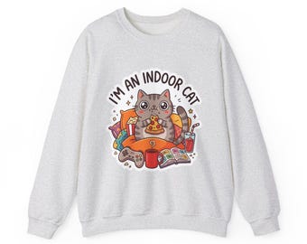 Sudadera de cuello redondo con diseño de gato de interior, divertida sudadera con diseño de gato pizzero para personas hogareñas.
