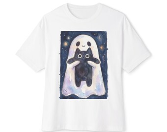 Camiseta extragrande con diseño de fantasma sosteniendo un gato negro, linda camiseta de Halloween con acuarela.