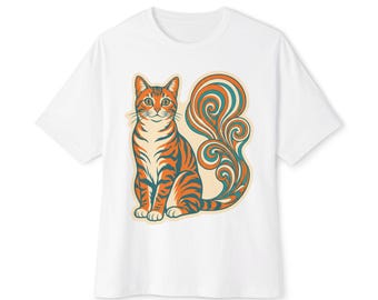 Kaleidoscope Cat Graphic Tee: Retro Swirl Tail Cat Art
