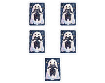 Pegatinas de fantasmas sosteniendo gatos negros, paquete de 5 calcomanías kawaii de Halloween en acuarela
