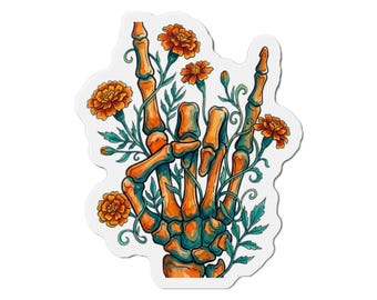 Skeleton Rock On Magnet: Marigold Floral Hand Sign