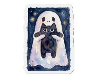 Imán con fantasma sosteniendo un gato negro, regalo de Halloween en acuarela para amantes de los gatos