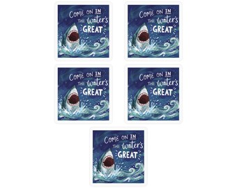 Paquete de 5 pegatinas para amantes de los tiburones, ¡Entra en el agua, es genial!, Calcomanías con humor oceánico.