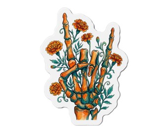Skeleton Rock On Magnet: Marigold Floral Hand Sign