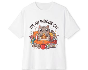 Camiseta extragrande con estampado de gato de interior, divertida camiseta holgada con diseño de gato pizzero para personas hogareñas y gamers.