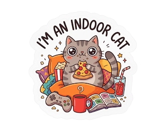 Pegatina de gato de interior, divertida calcomanía de vinilo de gato pizzero para personas hogareñas e introvertidas.