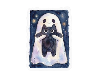 Pegatina de fantasma adorable sosteniendo un gato negro, calcomanía de vinilo de Halloween en acuarela.