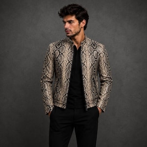 Men's Snakeskin Leather Jacket, Python Print Leather Jacket, Handmade Zip-Up Biker Jacket, Luxury Fashion Coat, Gift for Him