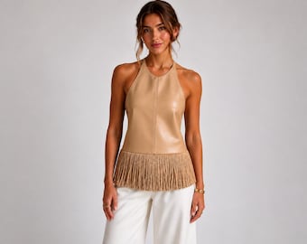 Neckholder-Top aus Kamelleder mit Fransen, Boho-Weste im Western-Stil