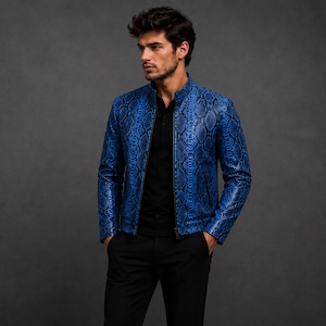 Blue Snakeskin Leather Jacket for Men, Handmade Python Print Leather Biker Jacket, Luxury Zip-Up Motorcycle Coat, Gift for Him