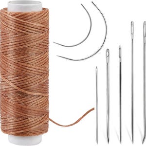 Waxed Thread, Upholstery Needle and Thread 55 Yards 150D Flat Leather Sewing with 7PCS Hand Sewing Needles for Repair Leather Sewing (BROWN)