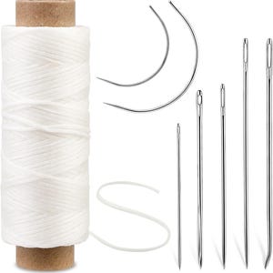 May include: A spool of white thread with a cardboard core, two curved metal needles, and four straight metal needles of varying lengths. The white thread is wound around the spool, and a loose length of thread is positioned near the needles.