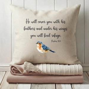He Will Cover You With His Feathers Psalm 91:4 Scripture Throw Pillow, Christian Faith Gift, Religious Home Decor, Bible Verse Cushion