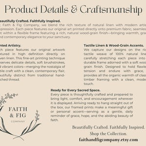 May include: A beige informational graphic titled Product Details & Craftsmanship. It describes artwork printed on natural linen within a wood-grain frame. The text includes sections on Printed Artistry, Tactile Linen, and the Faith & Fig Company logo.
