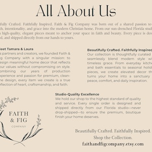 May include: A beige informational graphic titled All About Us featuring text about Faith & Fig Company, including sections Meet Tamara & Laura and Studio-Quality Excellence, with a floral wreath logo and the website faithandfigcompany.etsy.com.