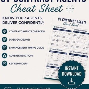 May include: A white educational cheat sheet for ARRT CT Registry featuring dark blue text and icons. It includes sections for contrast agents overview, dose guidelines, enhancement timing, adverse reactions, and key reminders with a download icon.