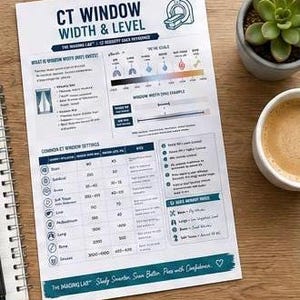 Puede incluir: Una hoja de referencia educativa blanca titulada CT Window Width & Level que presenta un diagrama de un esc&aacute;ner CT, una escala de grises en unidades Hounsfield y una tabla de ajustes comunes de ventana CT para hueso, tejido y pulm&oacute;n.