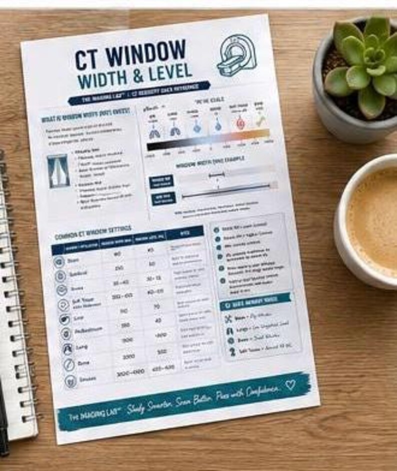 Puede incluir: Una hoja de referencia educativa blanca titulada CT Window Width & Level que presenta un diagrama de un esc&aacute;ner CT, una escala de grises en unidades Hounsfield y una tabla de ajustes comunes de ventana CT para hueso, tejido y pulm&oacute;n.