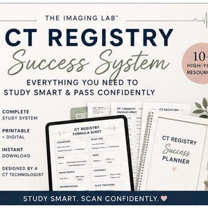 Könnte beinhalten: Ein CT Registry Success System Lernset mit einem digitalen Tablet, das ein Formelblatt anzeigt, einem spiralgebundenen CT Registry Success Planner und gedruckten Lernseiten. Der Text enthält The Imaging Lab, CT Registry Success System und 10+ High-Yield Resources.