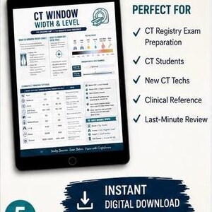 Puede incluir: Una tableta digital que muestra una gu&iacute;a de referencia de ancho y nivel de ventana de TC. La pantalla presenta gr&aacute;ficos t&eacute;cnicos, iconos m&eacute;dicos y texto que incluye CT Registry Exam Preparation, CT Students, New CT Techs, Clinical Reference.