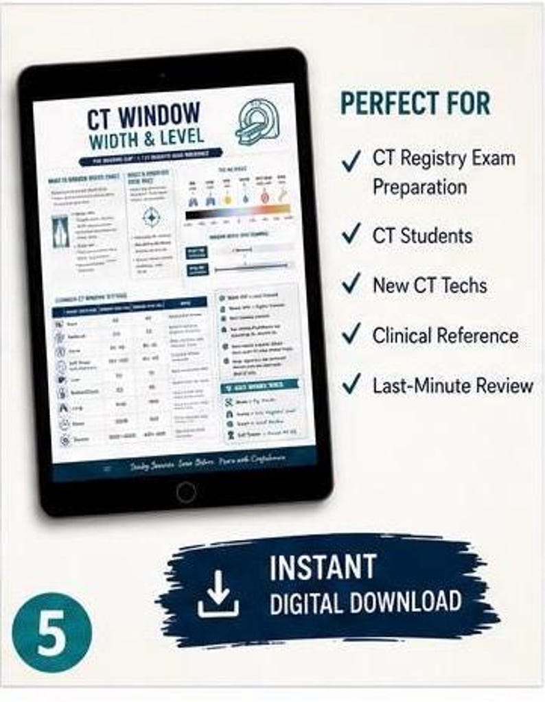 Puede incluir: Una tableta digital que muestra una gu&iacute;a de referencia de ancho y nivel de ventana de TC. La pantalla presenta gr&aacute;ficos t&eacute;cnicos, iconos m&eacute;dicos y texto que incluye CT Registry Exam Preparation, CT Students, New CT Techs, Clinical Reference.