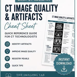 Może przedstawiać: Biało-granatowa ściąga edukacyjna zatytułowana ARRT CT REGISTRY CT IMAGE QUALITY & ARTIFACTS. Zawiera tabelę z obrazami tomografii komputerowej, opisami artefaktów i przyczynami, a także ikony ułatwiające identyfikację artefaktów i szybkie porady.